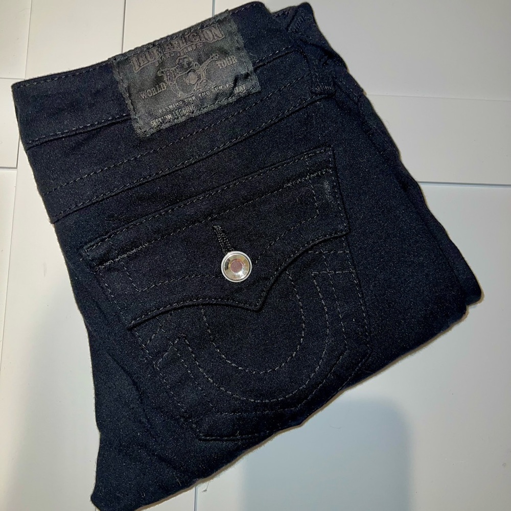 True Religion Women’s Disco Ponte Black Legging Rhinestone Button Size 25